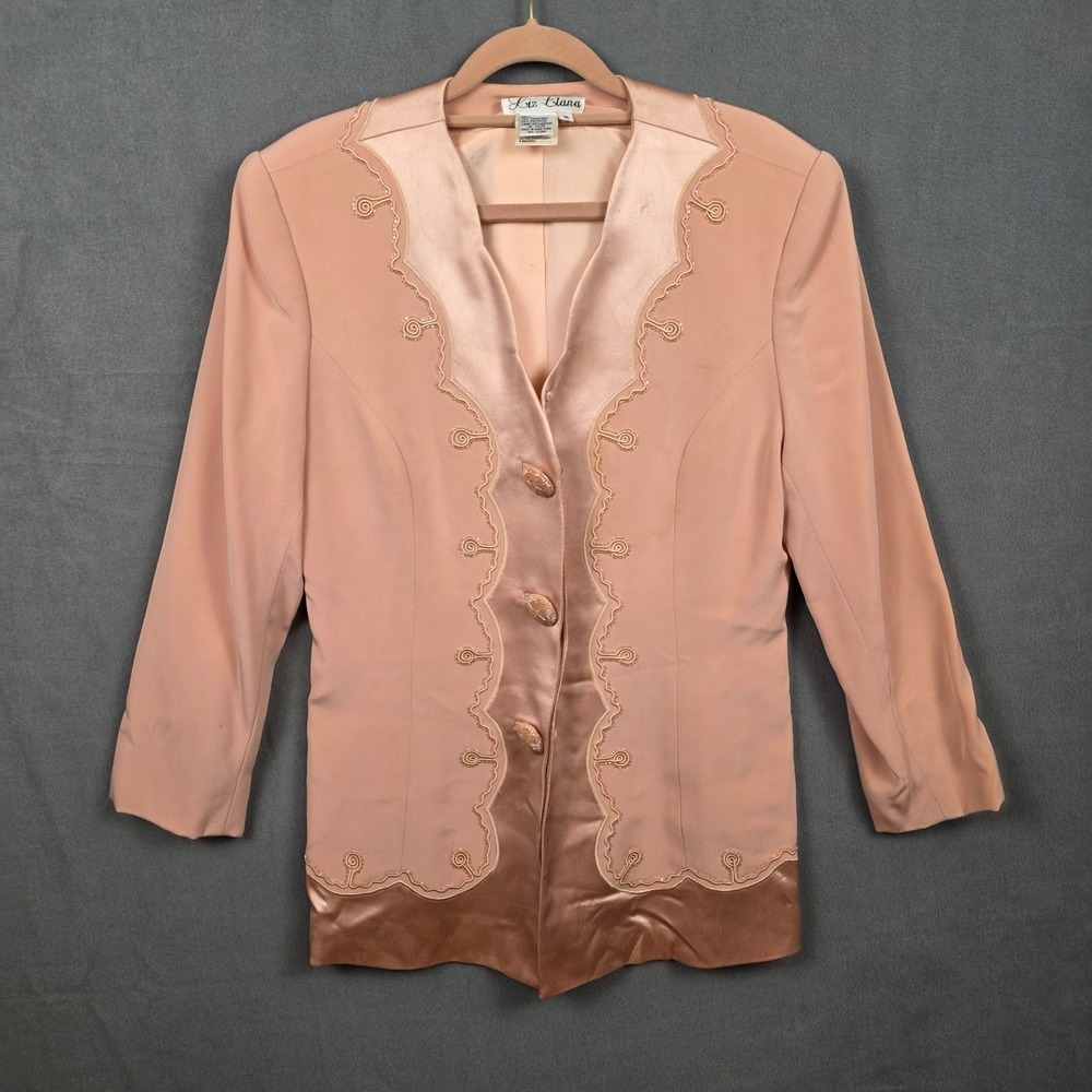 Liz Elana Women?s 2 Piece Skirt Suit Size 10 Pink Beaded Jacket Slit Skirt